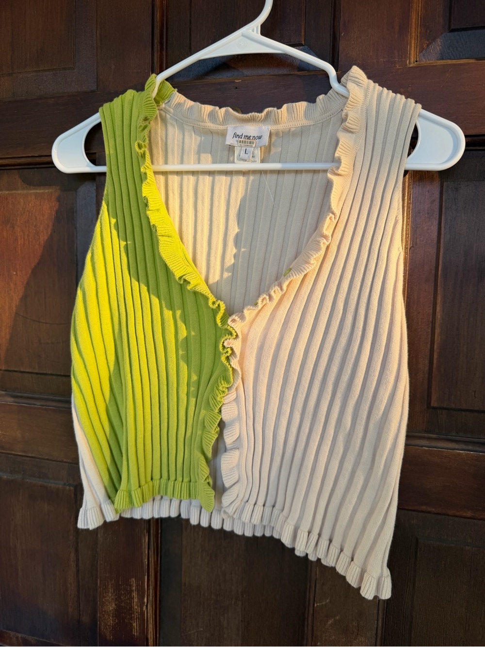 Two-Tone Ruffled Rib Knit Tank Top - Lime & Cream - Picture 3 of 6